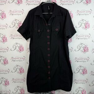 MXM dress Y2k pin stripe snap buttons Black Button-Up Dress red Accents